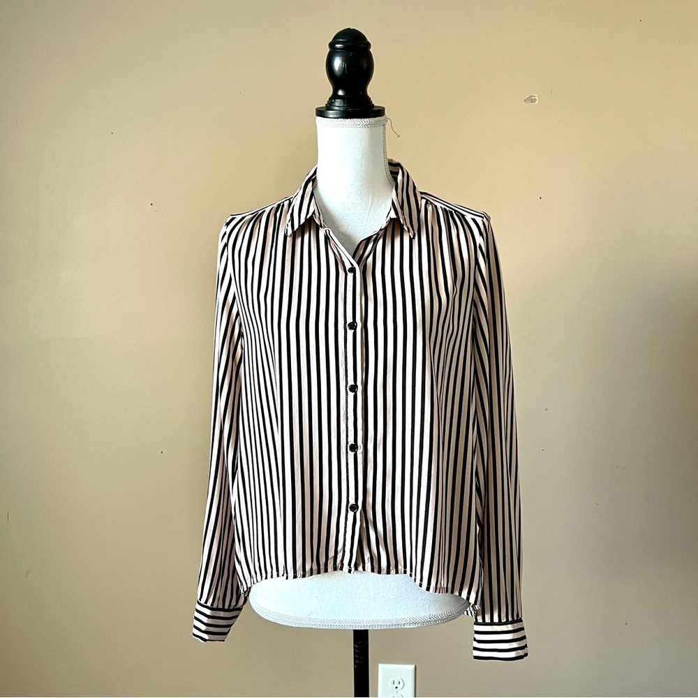 I LOVE H81 | Pink Black Striped Button Down High Low Blouse Sz M